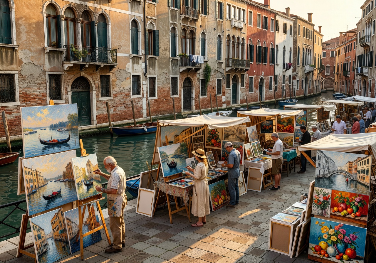 Art stalls and painters along the canals near Campo Santa Margherita in Venice