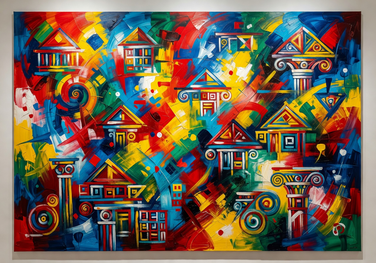 Bold abstract painting by Luca Ferretti with explosive colors and geometric Roman motifs