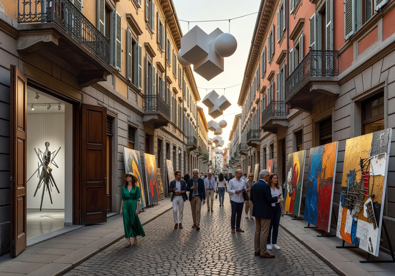 Brera District art walk in Milan with contemporary galleries and outdoor art exhibitions on elegant streets