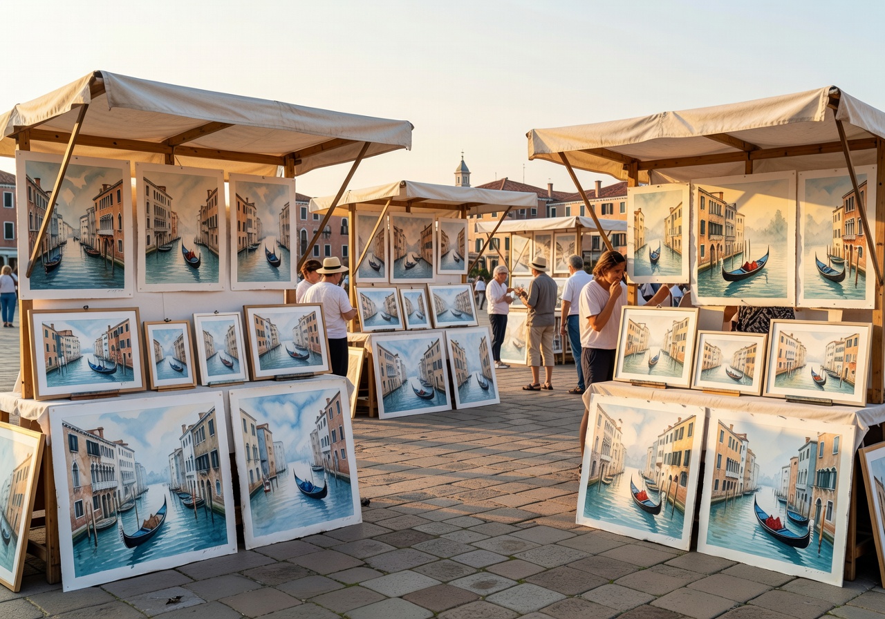 Campo Santa Margherita art stalls in Venice with watercolor paintings of canals and gondolas