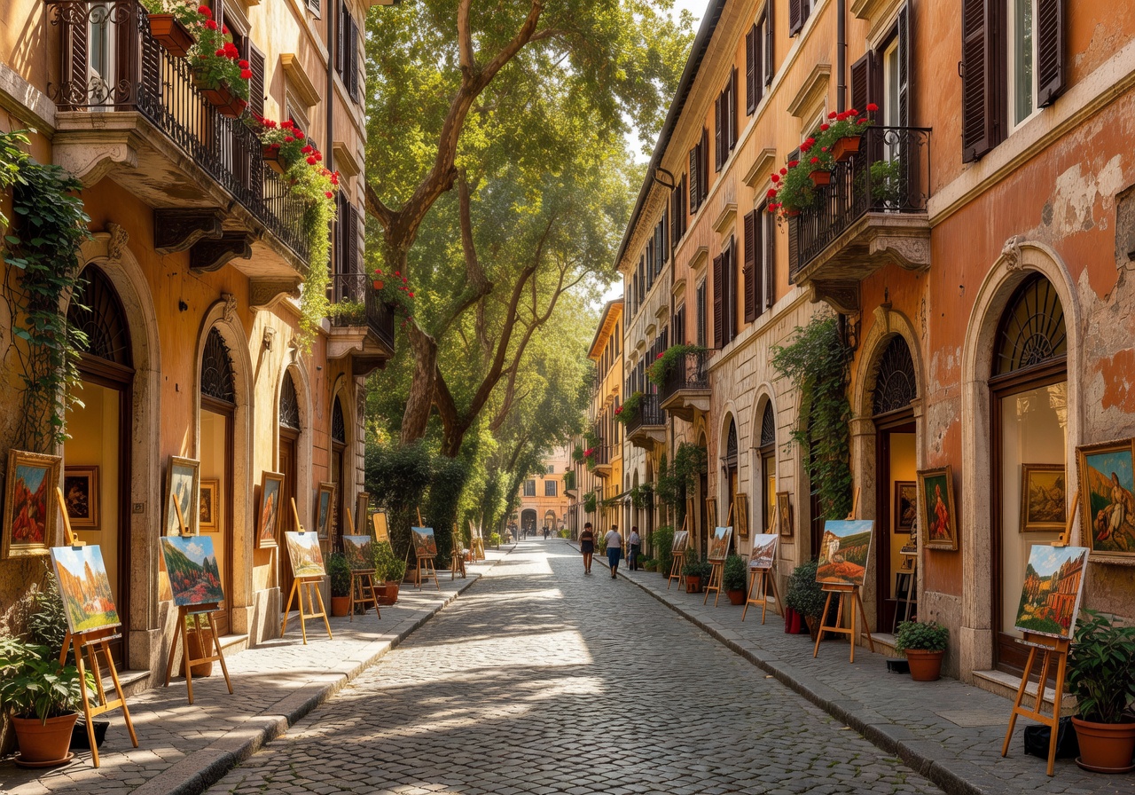 Charming Via Margutta street in Rome lined with art galleries and painter easels