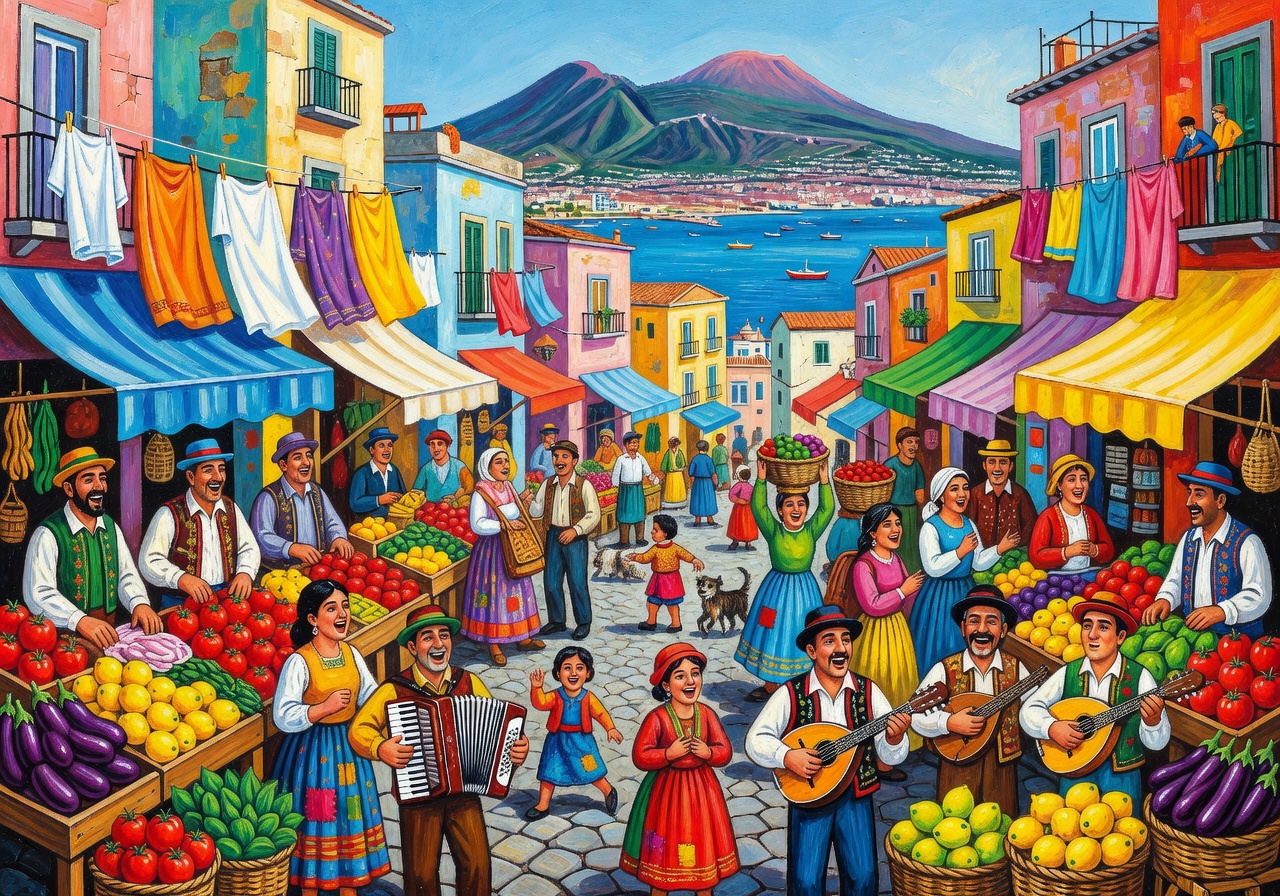 Colorful folk art painting by Antonio De Luca depicting lively Neapolitan street scenes
