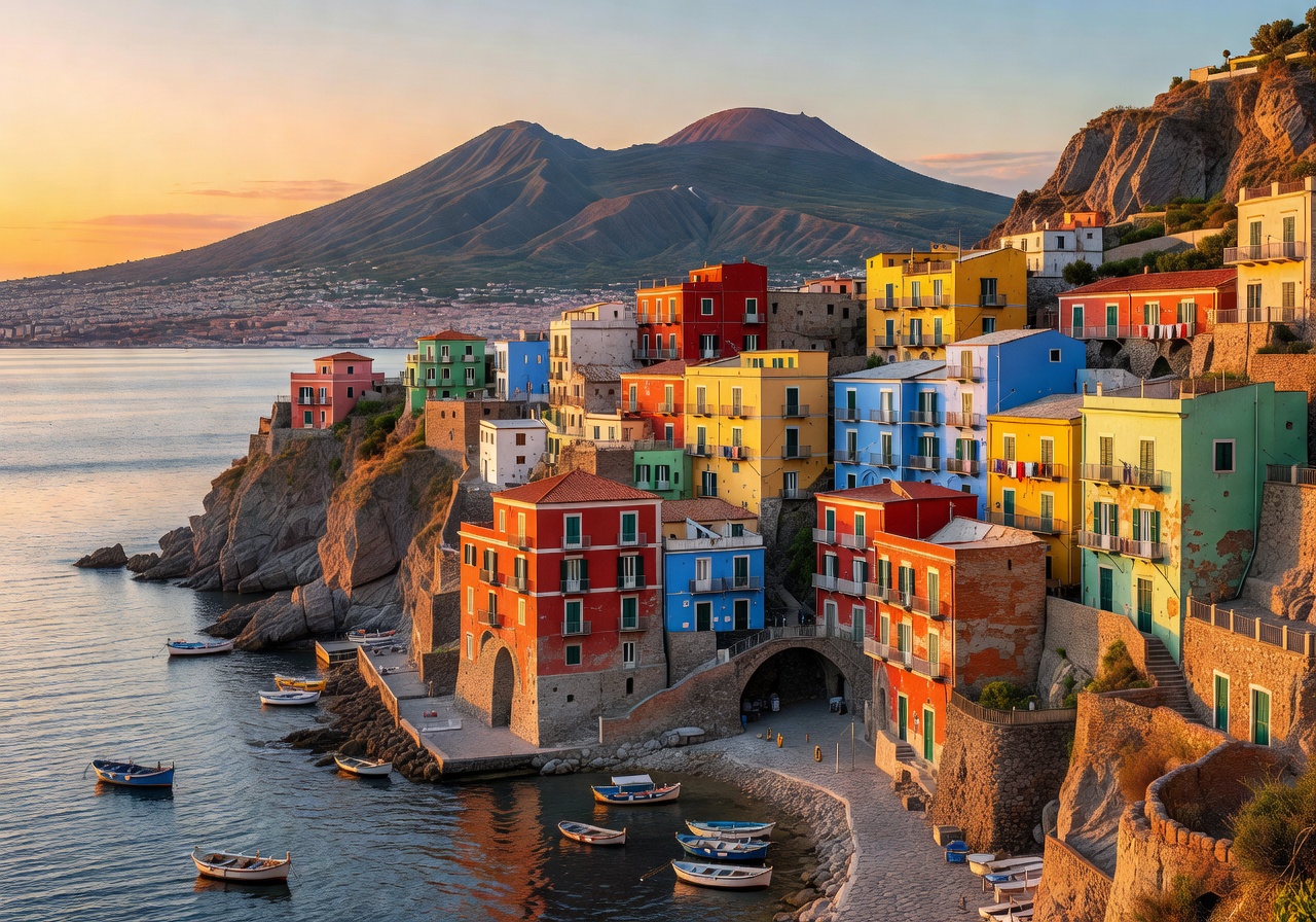 Colorful Naples coastline with Vesuvius volcano backdrop and traditional buildings cascading toward the sea