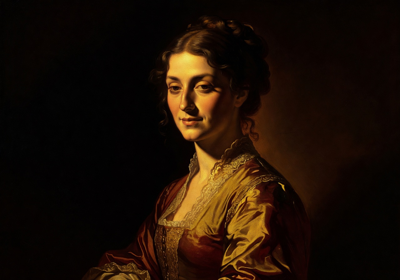 Elegant portrait painting by Elena Bianchi in chiaroscuro style with rich warm tones