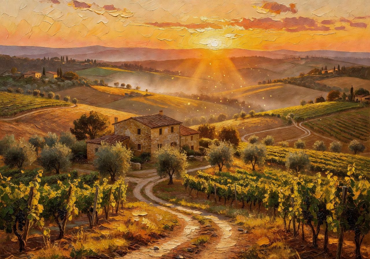 Example of Marco Bellini's oil painting depicting a golden Tuscan landscape at sunset