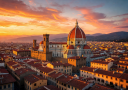 Florence cityscape at sunset with the iconic Duomo cathedral and terracotta rooftops of Tuscany