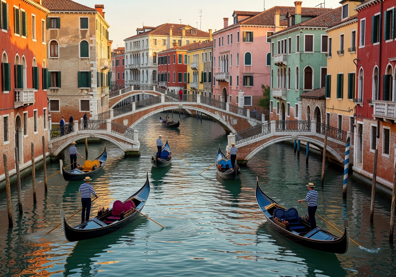 Gondolas floating on Venice's Grand Canal with ornate bridges and colorful palazzo facades reflected in water