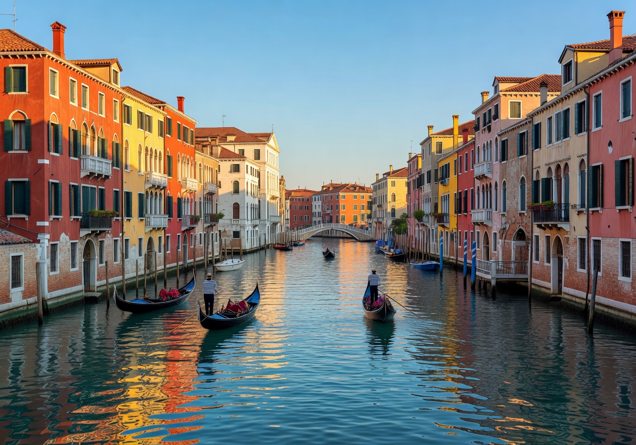 Grand Canal in Venice with gondolas and colorful buildings reflected in water