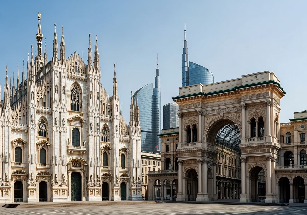 Milan's Duomo cathedral and Galleria Vittorio Emanuele II with modern architecture in the background