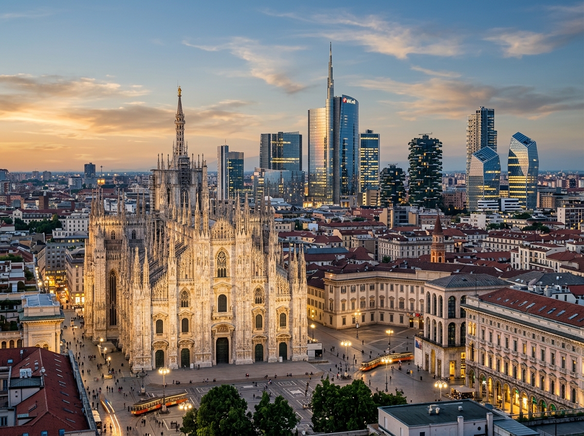 Modern Milan skyline blending with historic architecture and the Duomo cathedral