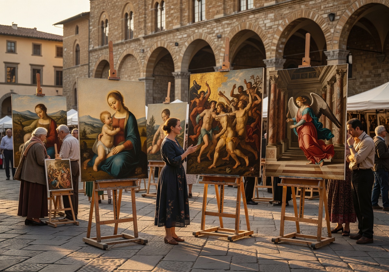 Outdoor art market at Piazza Santo Spirito in Florence with Renaissance-style paintings displayed on easels
