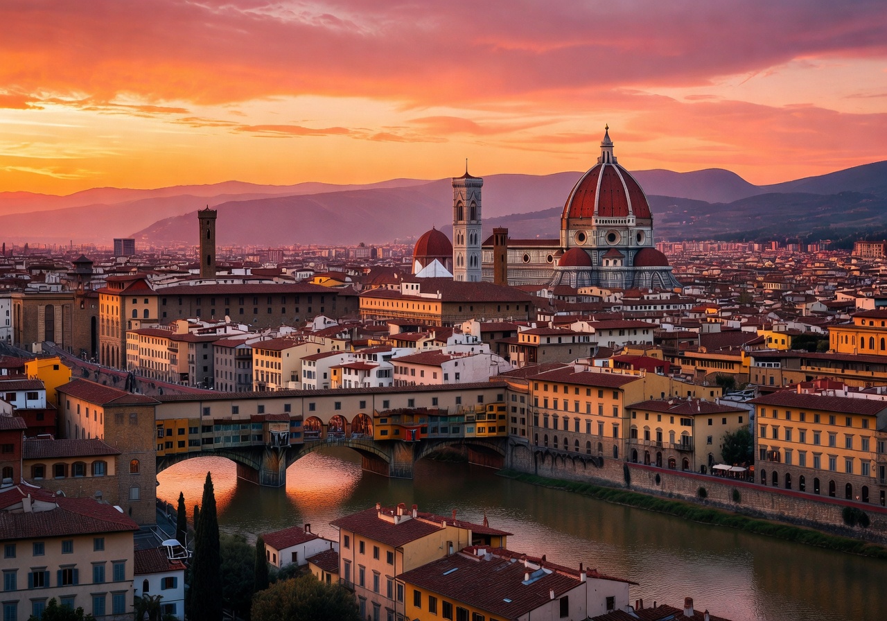 Panoramic view of Florence with the Duomo and Ponte Vecchio at sunset