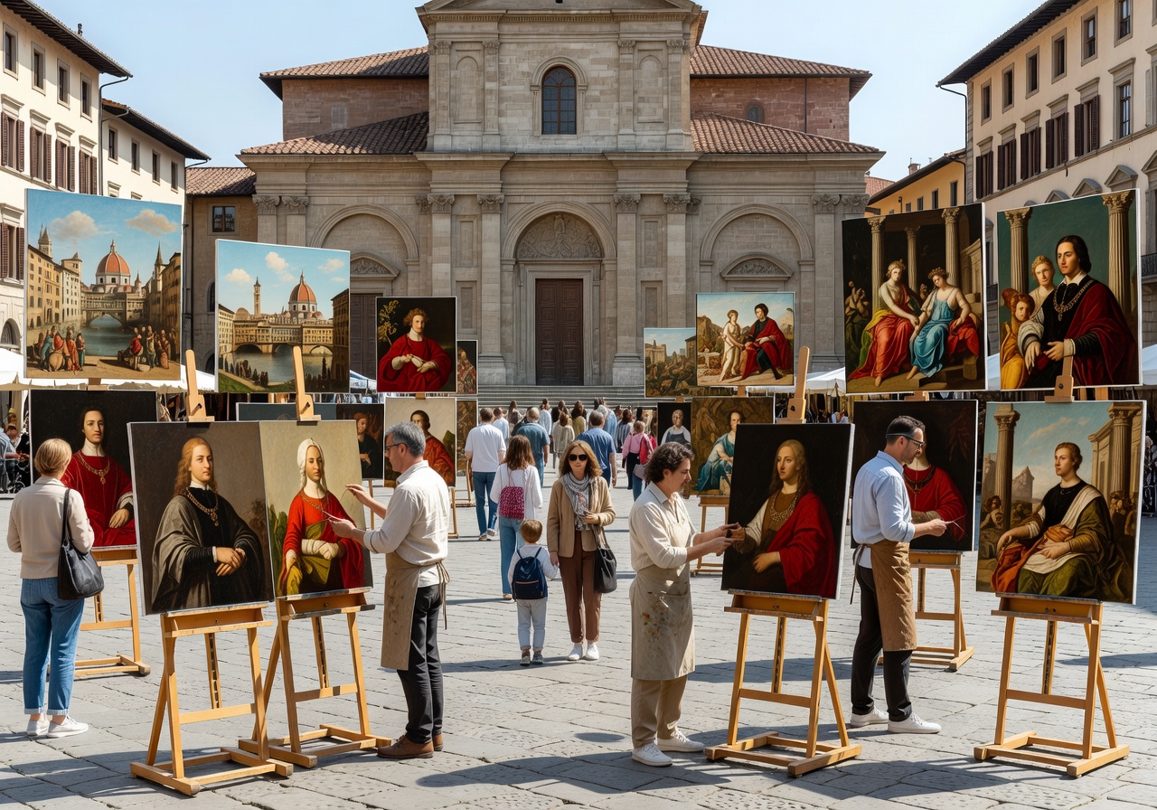 Piazza Santo Spirito art market in Florence with painters displaying Renaissance-inspired works on outdoor easels