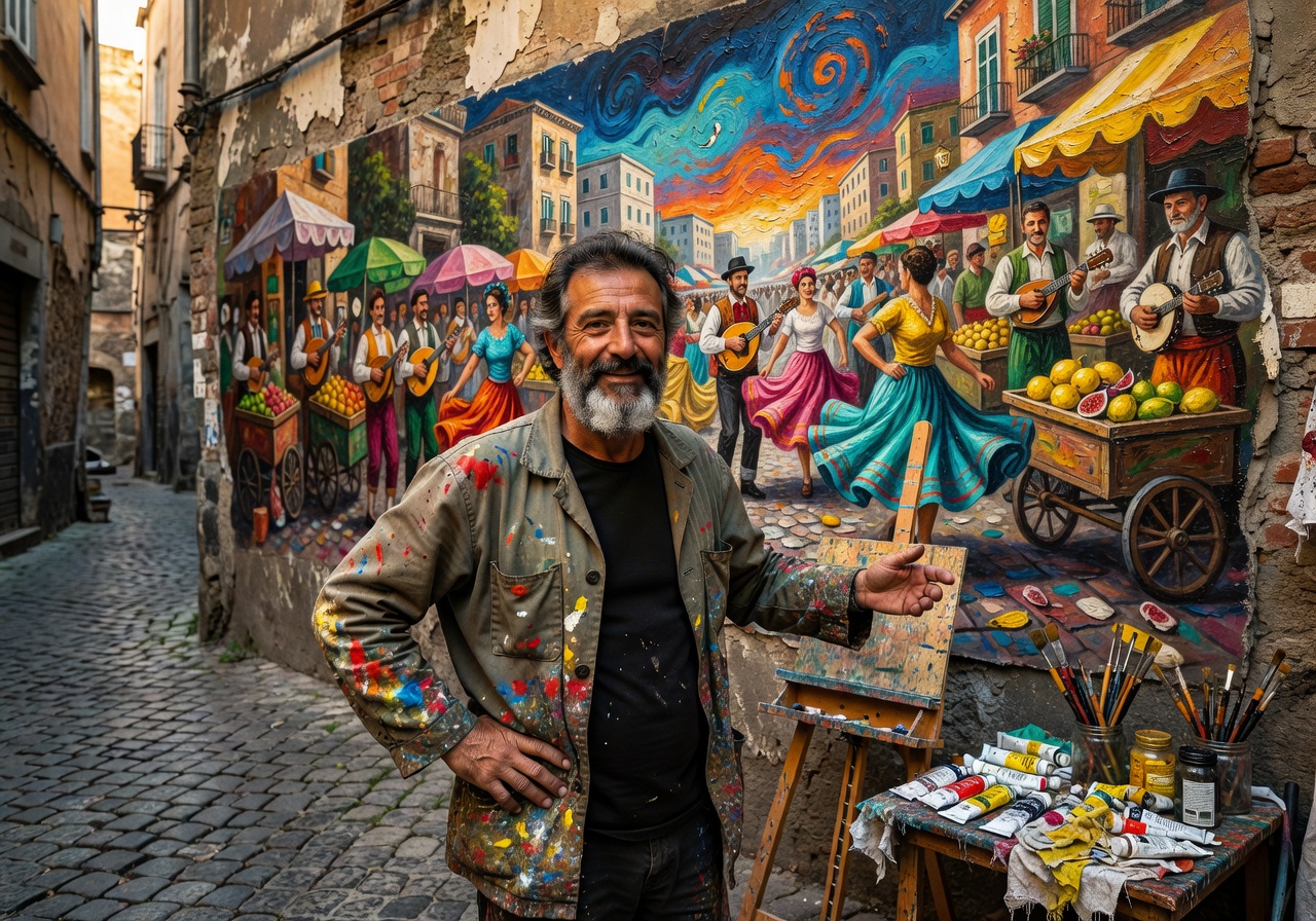 Portrait of Antonio De Luca, Neapolitan folk and street artist known for vibrant Southern Italian scenes