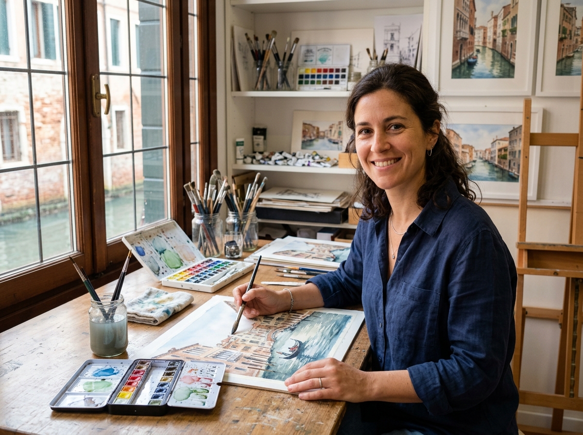 Portrait of Chiara Rossi, a Venetian watercolor artist specializing in canal scenes