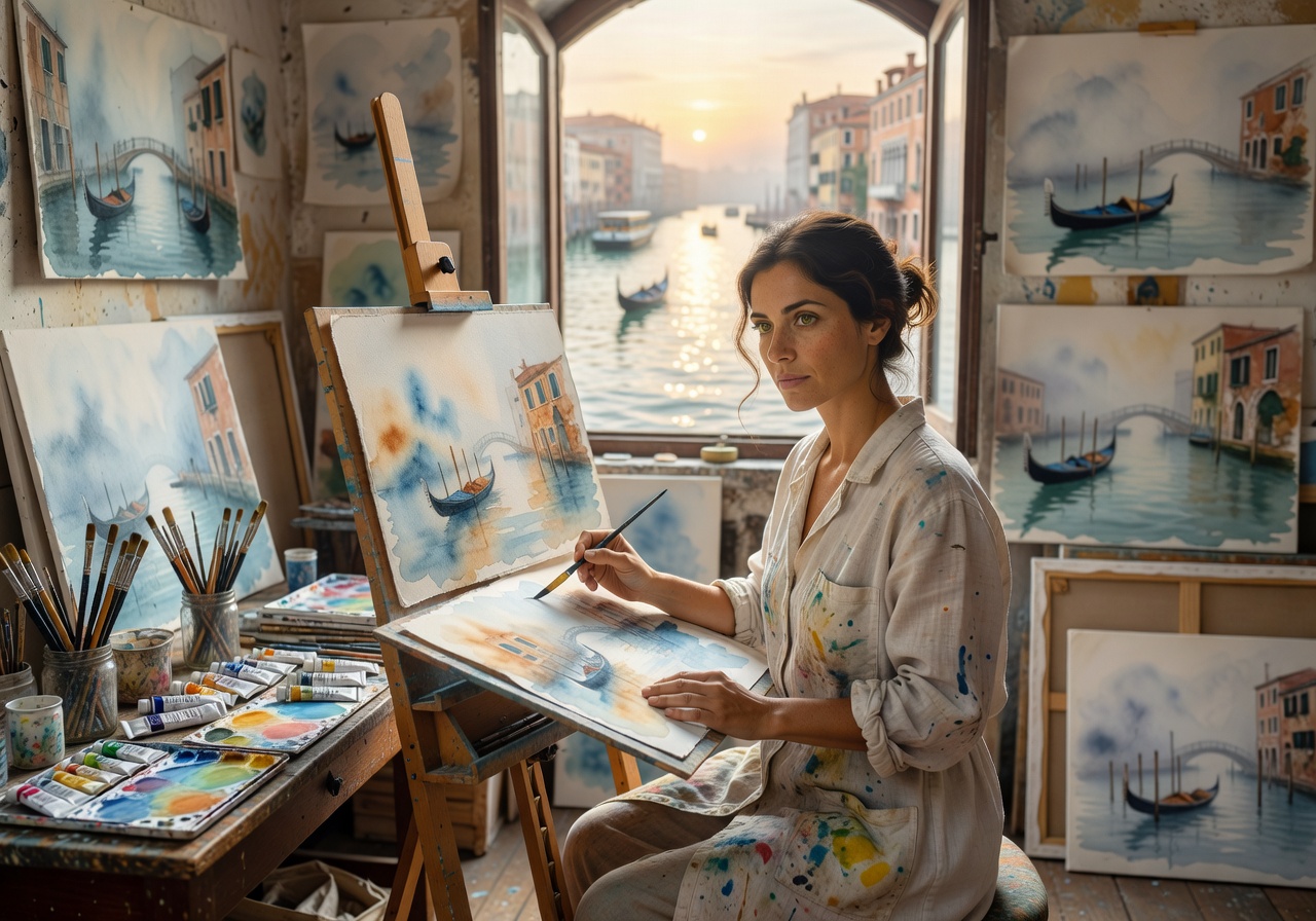 Portrait of Chiara Rossi, Venetian watercolorist known for ethereal canal scene paintings