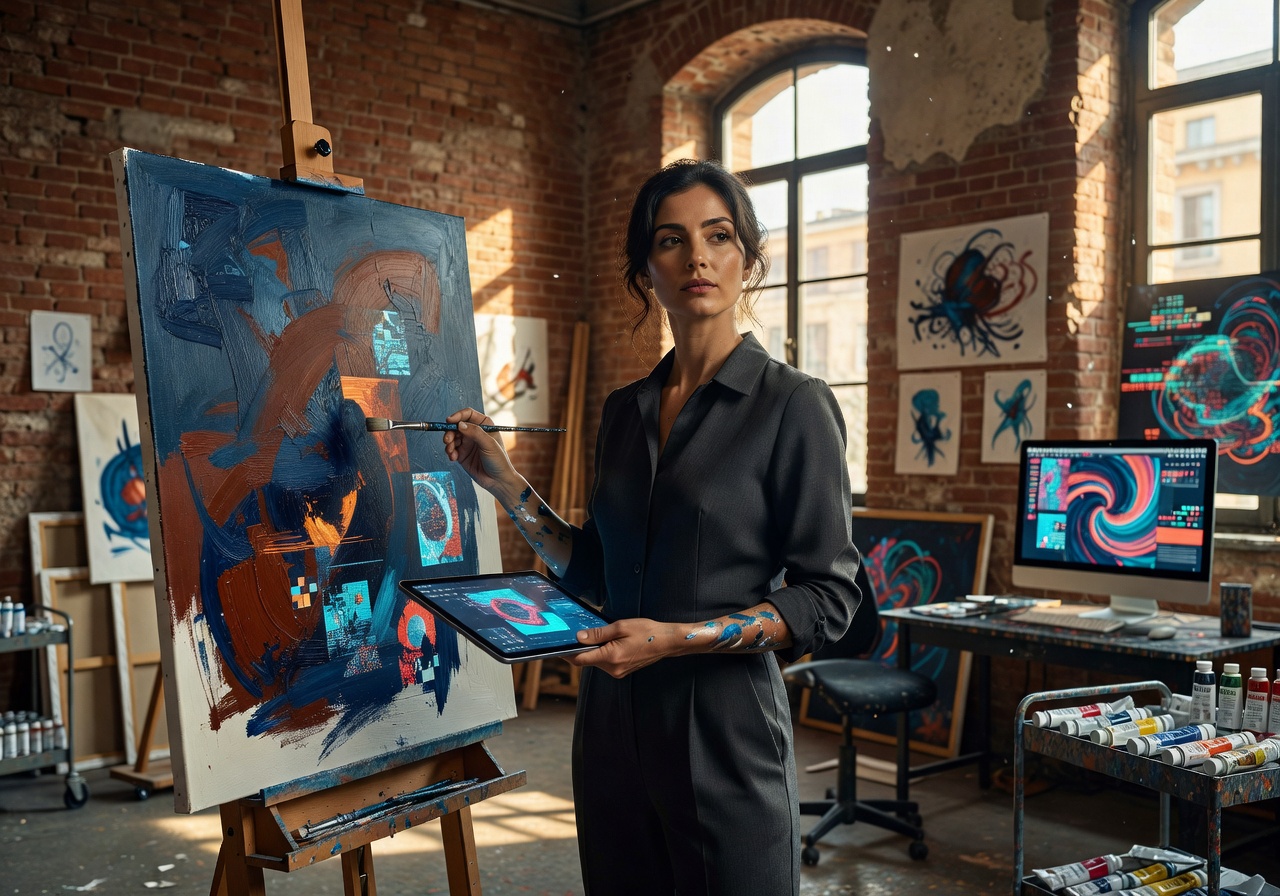 Portrait of Sofia Moretti, Milanese contemporary design artist blending painting with digital elements