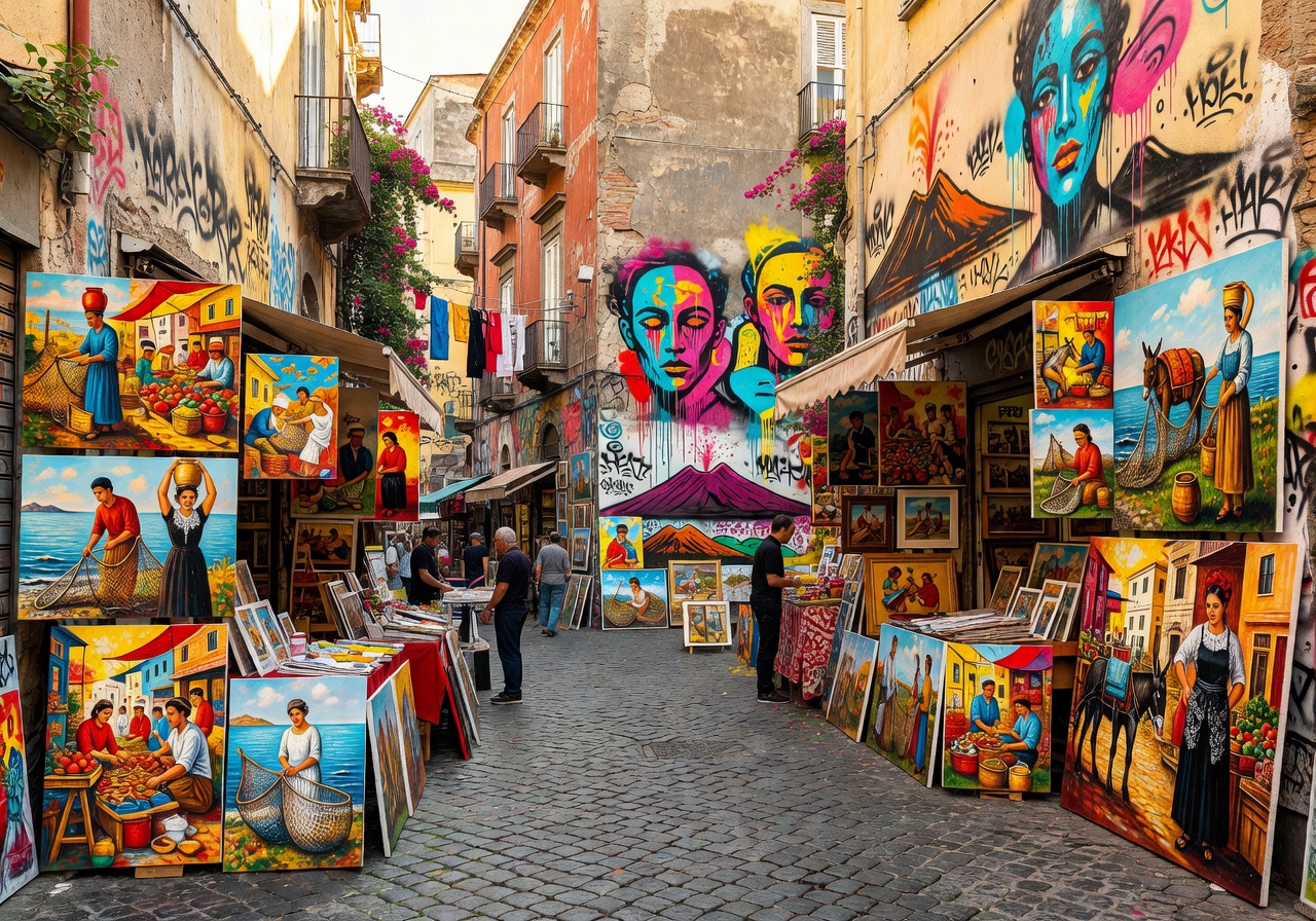 Spaccanapoli art market in Naples with colorful street art and folk paintings displayed along narrow historic streets