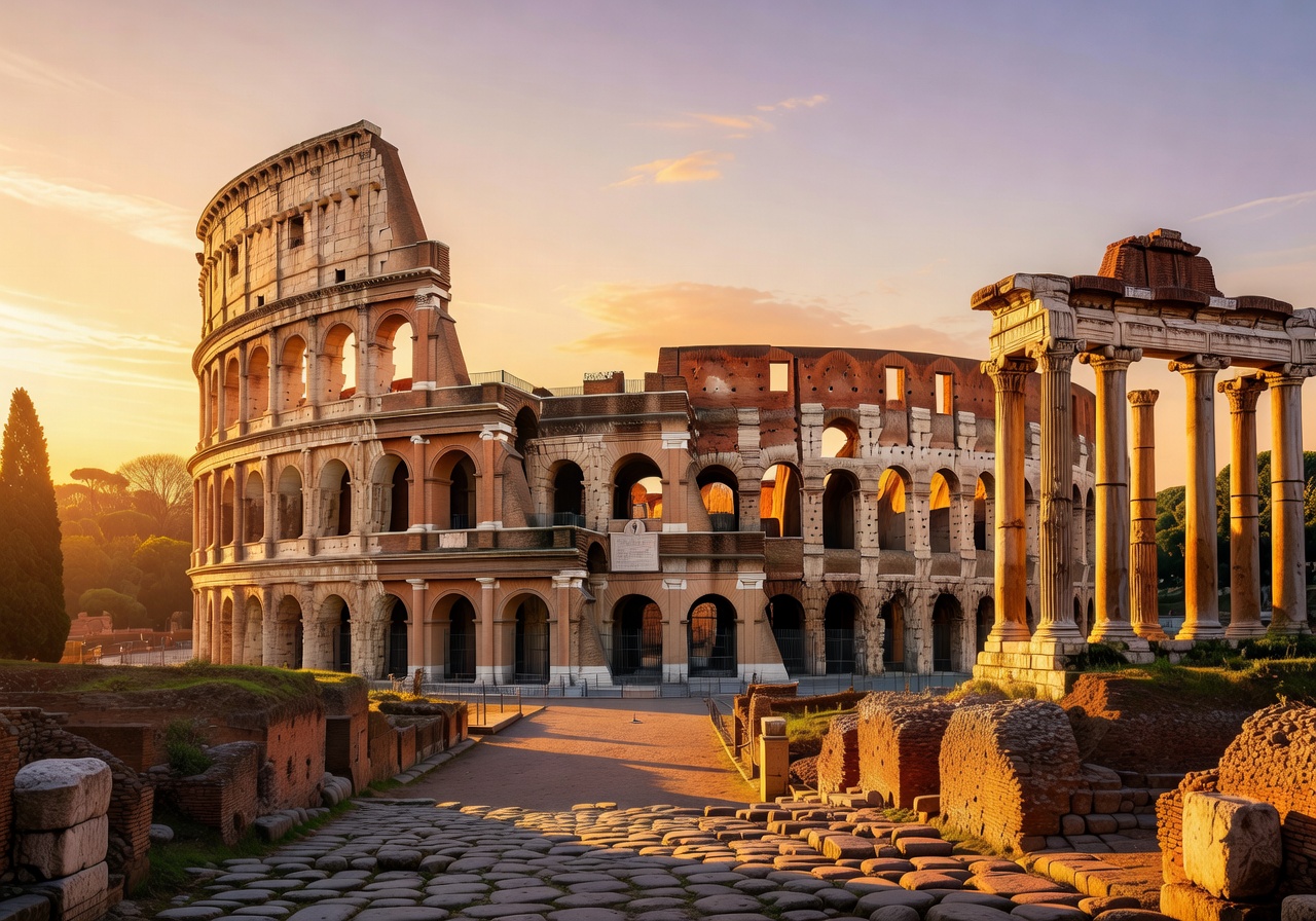 The Colosseum and ancient Roman architecture at golden hour