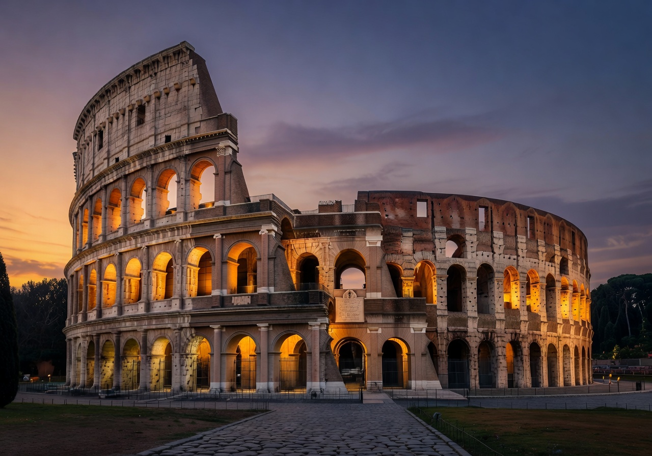 The Roman Colosseum illuminated at dusk with warm golden light across ancient architecture