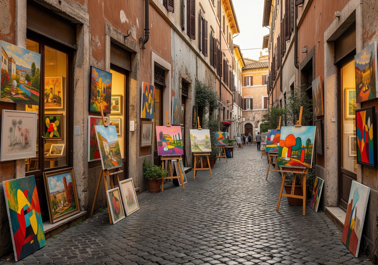 Via Margutta artists street in Rome with gallery windows and painting displays on cobblestone path