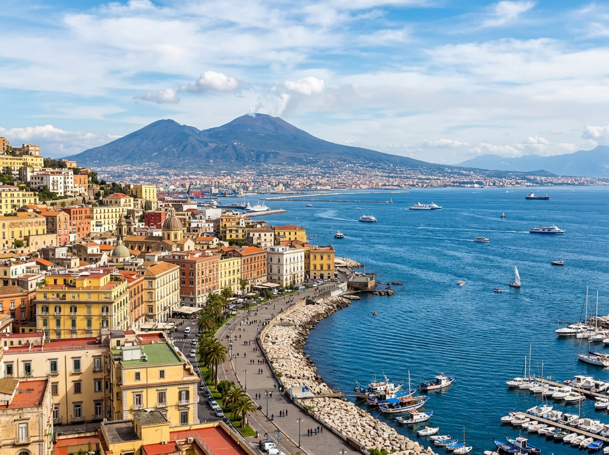 Vibrant Naples coastline with Mount Vesuvius in the background and colorful buildings