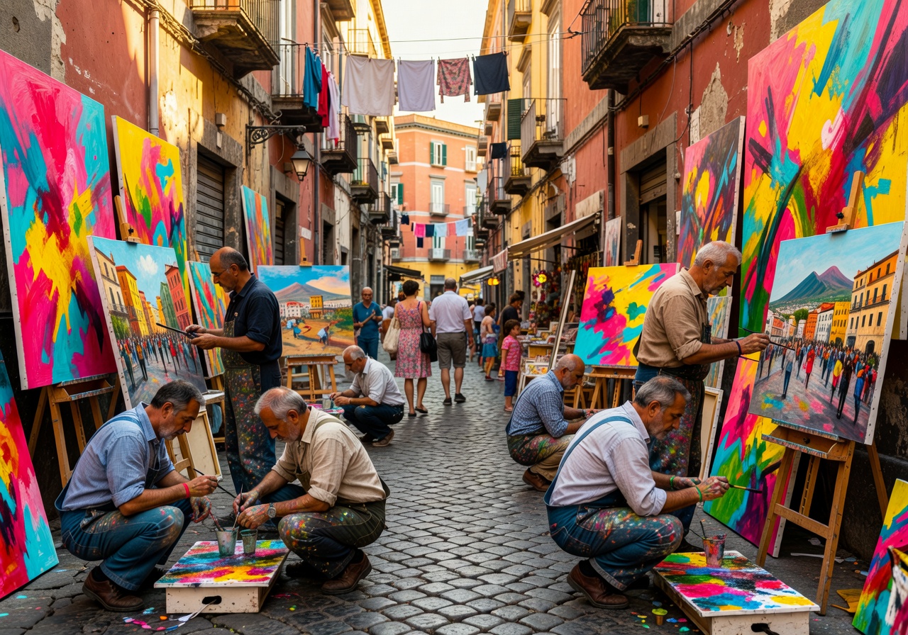 Vibrant Spaccanapoli street in Naples with colorful art displays and local painters