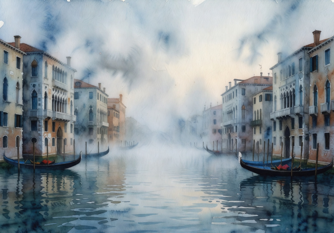 Watercolor painting by Chiara Rossi showing a misty Venetian canal with reflections