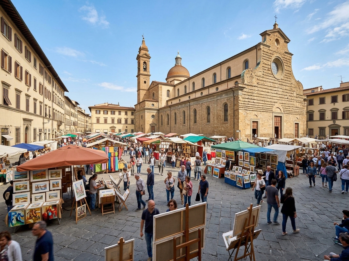 Wide view of Piazza Santo Spirito art market with Renaissance basilica backdrop and colorful painting stalls